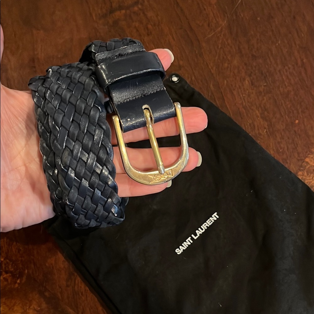 Yves Saint Laurent Navy Braided Leather Belt with Gold Buckle small medium